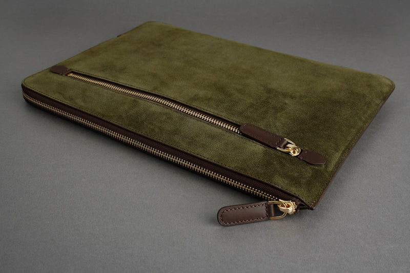 Earth/C 'Zip Folio' Suede and Leather Hand Bag for MacBook 13 inch & 14 inch  'DARK KHAKI'