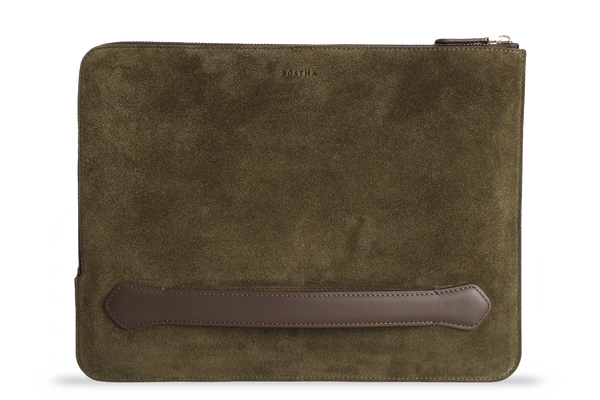 Earth/C 'Zip Folio' Suede and Leather Hand Bag for MacBook 13 inch & 14 inch  'DARK KHAKI'