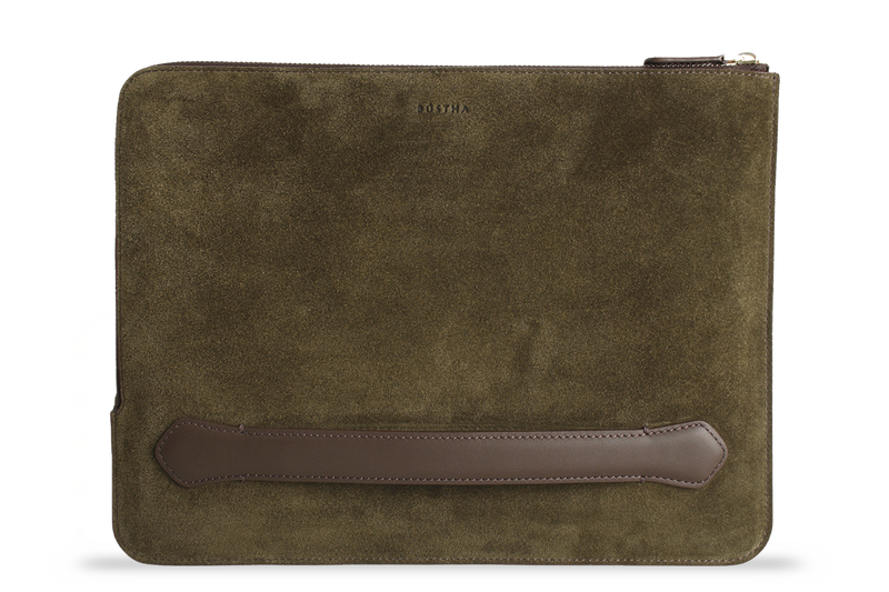 Earth/C 'Zip Folio' Suede and Leather Hand Bag for MacBook 13 inch & 14 inch  'DARK KHAKI'